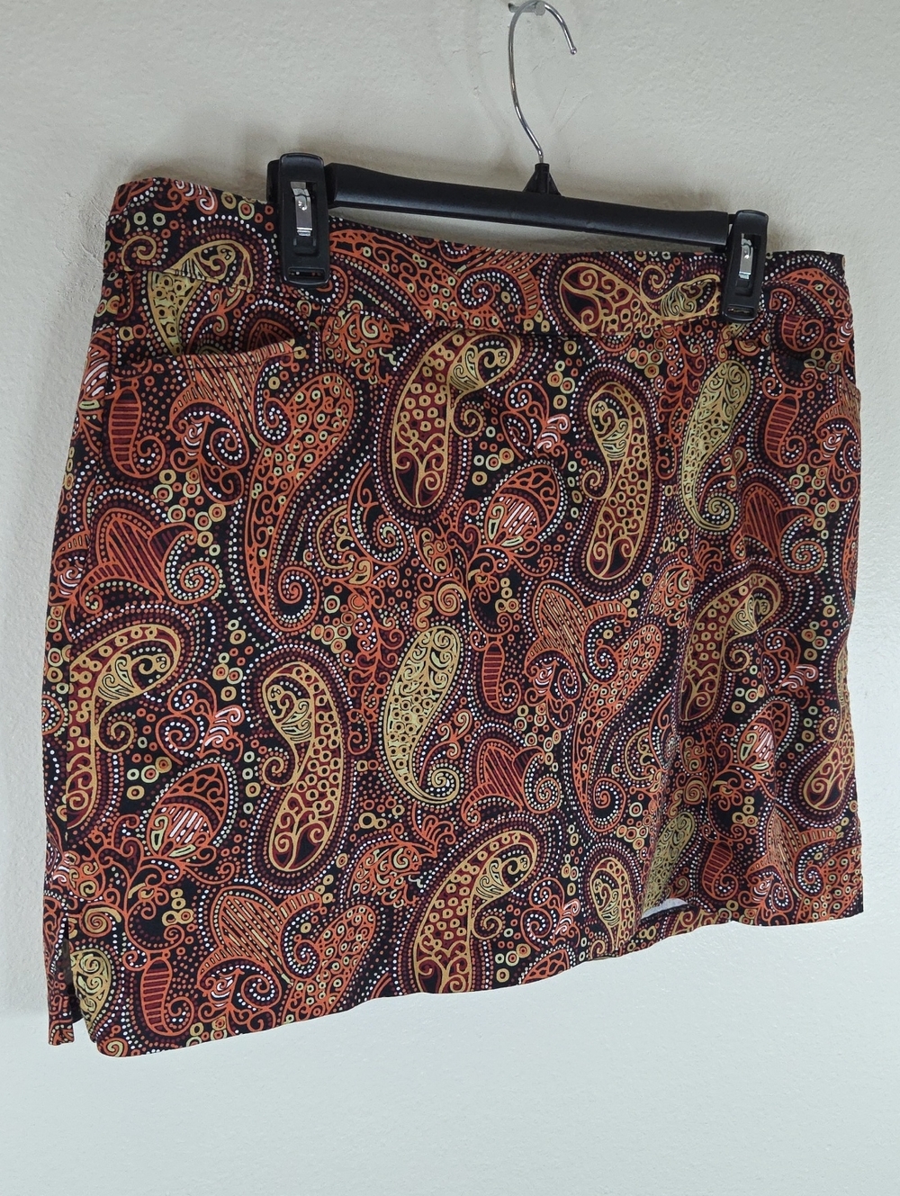 Lady Hagen Paisley Mini Skort in Red, Orange & Gold Black Tones